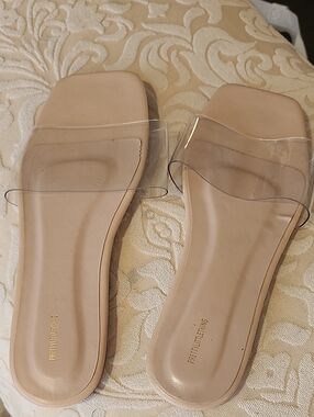 PrettyLittleThing Beige Clear Strap Slide Sandals